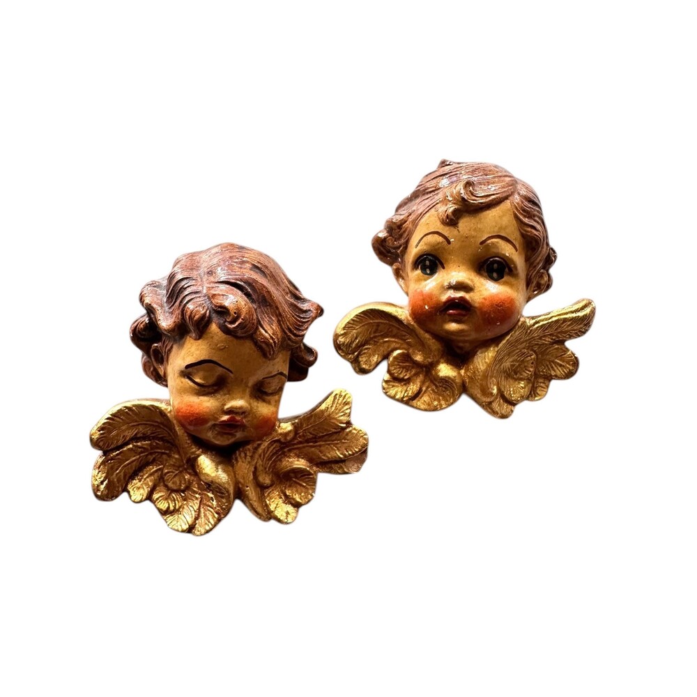 Vintage Italian Cherub Small Wall Plaques Set of 2 Gold Chalkware Putti Angels - Picture 6 of 7